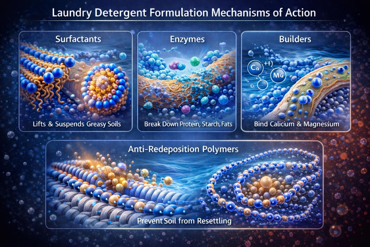 Laundry detergent formulation mechanisms of action