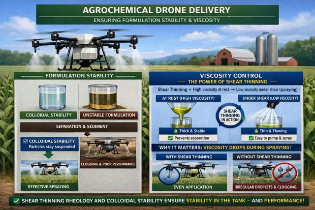 Agrochemical drone delivery infographic showing stability and viscosity control