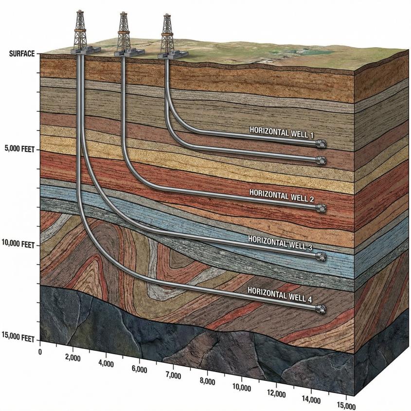 Horizontal drilling diagram showing wells at different depths