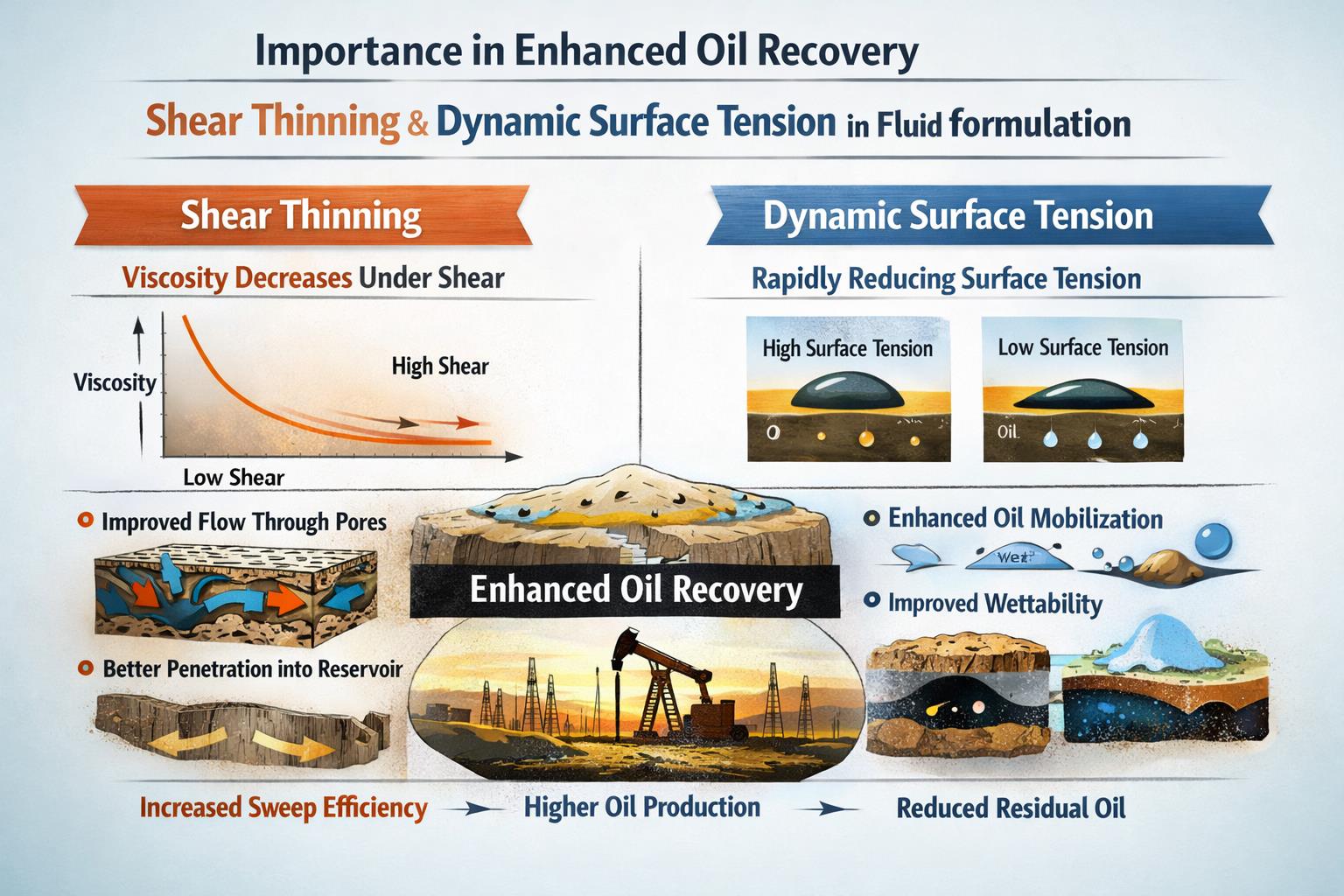 Enhanced oil recovery infographic showing shear thinning and dynamic surface tension