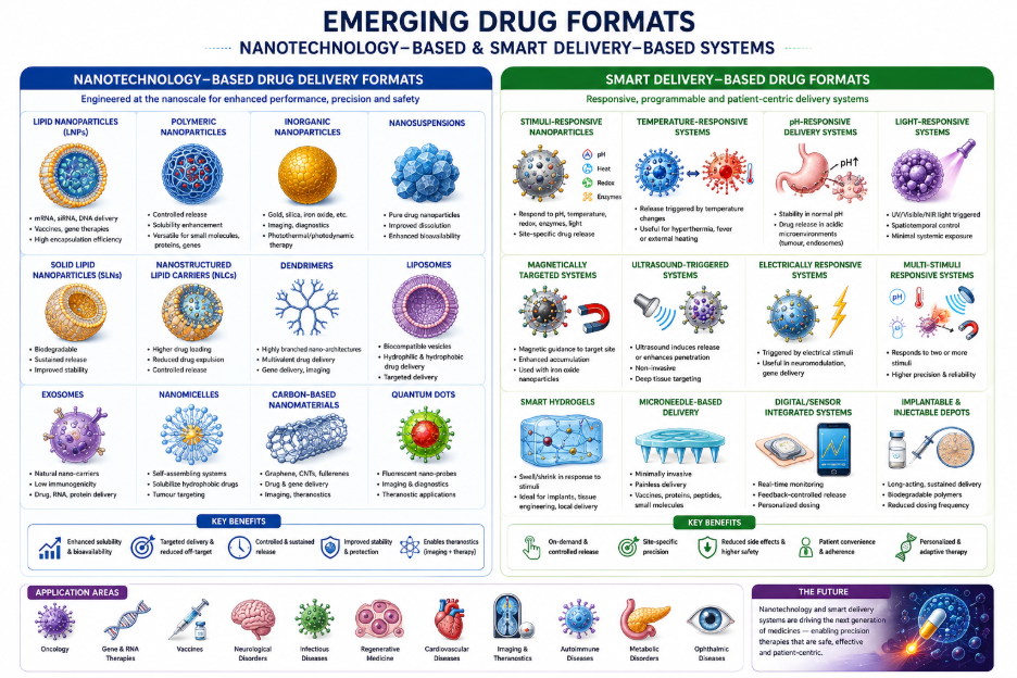 Chart of emerging drug formats, covering nanotechnology-based delivery systems such as lipid nanoparticles, liposomes and dendrimers alongside smart delivery formats that respond to pH, temperature, light and other stimuli