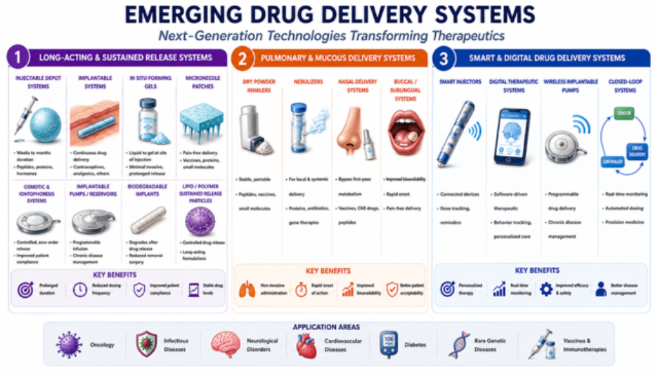 Chart of emerging drug delivery systems grouped into long-acting and sustained release formats, pulmonary and mucosal delivery, and smart or digital delivery devices such as connected injectors and closed-loop pumps