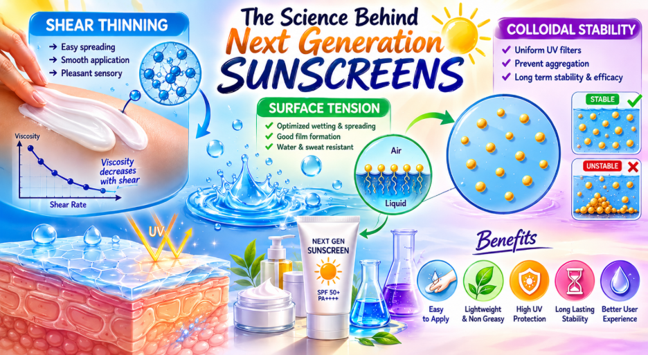 Diagram of the three properties behind next-generation sunscreens: shear-thinning rheology shown as viscosity falling with shear rate for easy spreading, surface tension governing wetting and film formation, and colloidal stability contrasting uniformly dispersed UV filters against aggregated ones