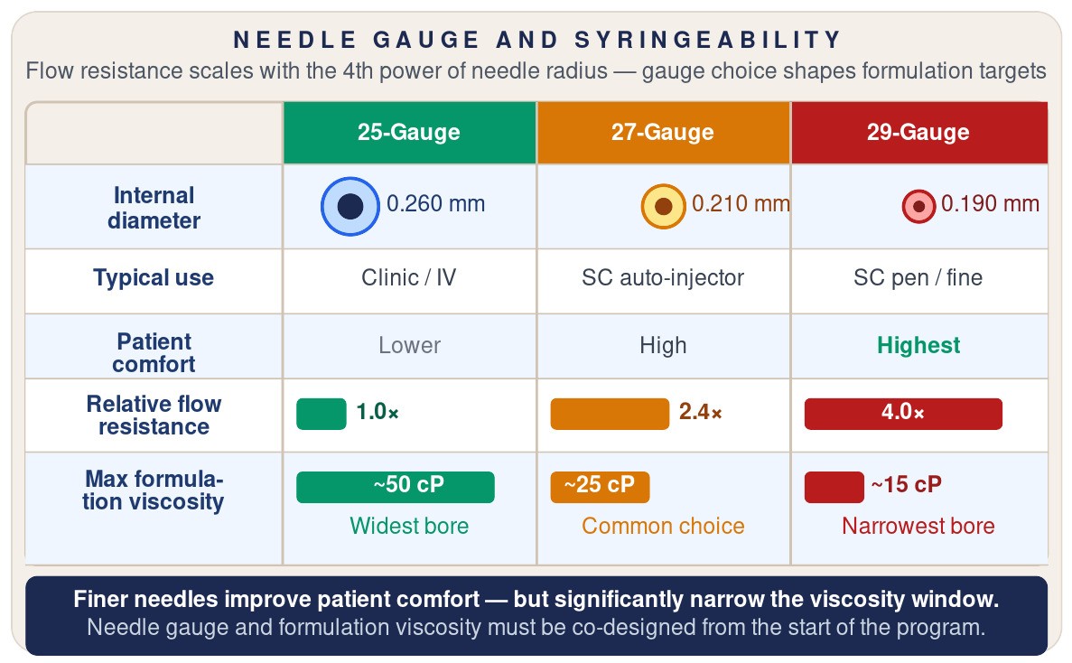 Comparison of 25, 27 and 29-gauge needles showing internal diameter, typical use, patient comfort, relative flow resistance rising from 1.0x to 4.0x, and the maximum formulation viscosity each gauge supports falling from about 50 to 15 centipoise